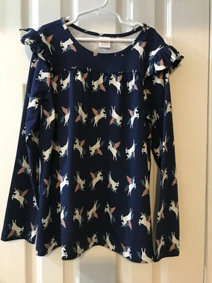 Top Hanna Andersson Niñas Volantes Columpio Manga Larga Azul Marino con Unicornios Talla 12/150 Foto 1 de 2