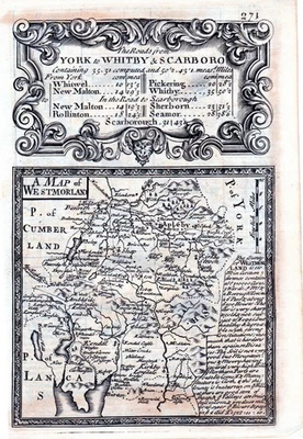 Mapa antiguo, Ogilby / Bowen, Westmorland / Carreteras de York a Whitby y Scarboro Foto 1 de 3