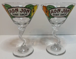 2 Ron Jon Surf Shop Twisted Stem Martini Glasses Hibiscus Flowers 6 1/2" Tall - Picture 1 of 13
