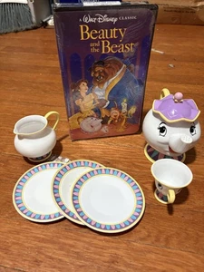 Vintage Beauty and the Beast VHS Disney Mrs. Potts Chip Tea Set Plates Complete - Picture 1 of 21