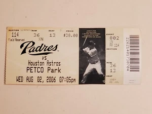 2006 MLB San Diego Padres Ticket Stub. AUG 2 2006 v Houston Astros(1-7L) SEC 114 - Picture 1 of 8