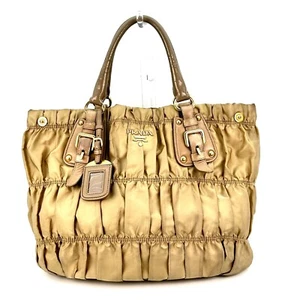 PRADA Handtasche Beuteltasche Tasche Logo Leder Raffung 2-Wege Tasche Beige Original - Bild 1 von 13