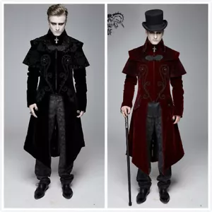 Devil Fashion Men's Vintage Gothic Victorian Long Velvet Jacquard Long Tailcoat - Picture 1 of 31