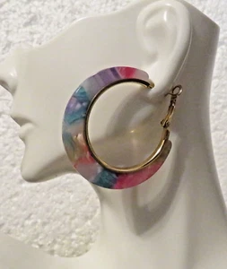Resin Lucite C Wing Teal - Pink Hoop 1.75" Nickel Free Lever Back Studs - Picture 1 of 3