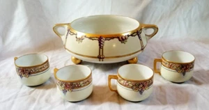 Art Nouveau Signed Limoges Porcelain Footed Punch Bowl 4 Cups Set Grape Gold Rim - Picture 1 of 16