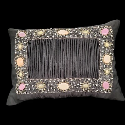 Vtg Black Satin Pillow Faux Gemstone PearI Frame Filiment Wire Design Boudoir - Image 1 of 4