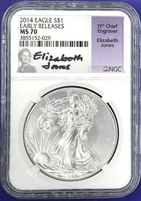 American Silver Eagle 2014 NGC MS70 lanzamientos tempranos etiqueta firmada por Elizabeth Jones Foto 1 de 2