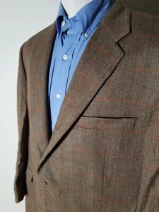 Vtg 44R Hickey Freeman Brown Orange Herringbone Check Tweed Sport Coat Jacket - Picture 1 of 7