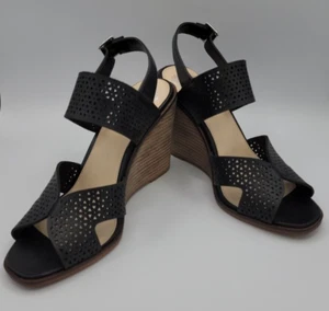 VINCE CAMUTO Delinda Wedge Women's Sandals Black Cutout Leather Sling Strap 🔥   - Picture 1 of 23