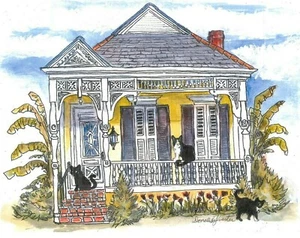 Gatos en una casa amarilla del barrio francés, estampado artístico de Nueva Orleans, arte de gatos, gatos - Imagen 1 de 8