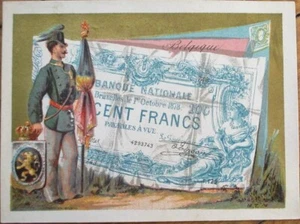 Billete belga franco belga moneda 1890 tarjeta comercial francesa victoriana, litografía - Imagen 1 de 1