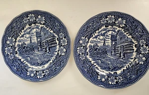 2 Royal Tudor Ware Staffordshire Coaching Taverns 8" Salad Plates Blue Horses - Picture 1 of 5