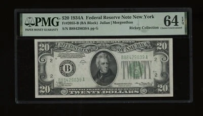 DBR 1934-A $20 FRN New York Fr. 2055-B PMG 64 EPQ Serial B88429039A - Image 1 of 2