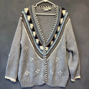 Vintage Backroad Blues Sweater 2X 20W Hand-Knit Button Front Fair Isle Cardigan - Picture 1 of 14