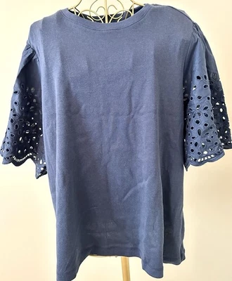 Elie Tahari Knit to Woven Peasant Top Blouse Boho Solid Blue Eyelet Plus Size 1X - Image 1 of 4