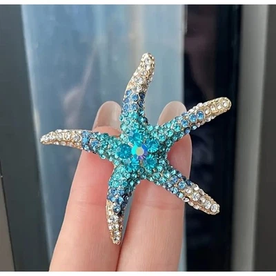 Broche prendedor estrella de mar estrás azul tono dorado océano vida marina joyería Foto 1 de 2