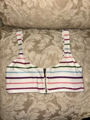 Top de natación Kate Spade New York fiesta rayas cremallera bikini marfil multi $105 talla pequeña Foto 1 de 4