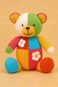 Patchwork teddy bear toy double knit knitting pattern Only 24cm Printed Copy - Picture 1 of 1
