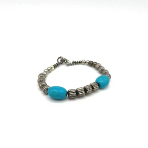 Faux Turquoise Beaded Bracelet Silver Tone Boho Jewelry Adjustable - Picture 1 of 4