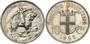 RARE PORTUGAL SILVER COIN - 10 ESCUDOS 1928 UNC - BATTLE OF OURIQUE - KM#579 - Picture 1 of 2