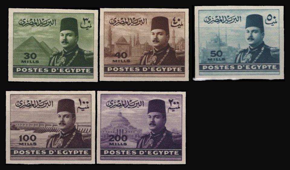 Selos do Egito 1938 Príncipe Farouk conjunto de 5 IMPERFURADOS conjunto completo MNH MUITO BOM ESTADO - Imagem 1 de 1