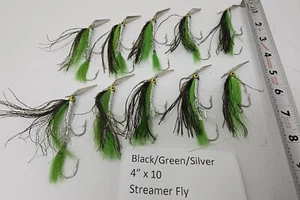Lot of 10 Green/Black/Silver Streamer Fly - 5 grams, double hook brand new - Afbeelding 1 van 4