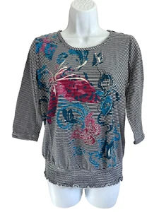 Top Ciervo Blanco Talla S Azul Blanco Rayas Floral Manga 3/4 - Imagen 1 de 6