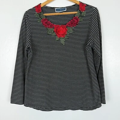 Karen Scott Womens Black White Striped Top Sz Large 3D Red Rose Applique Detail - Image 1 of 4