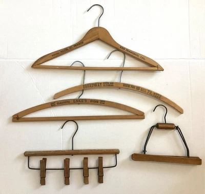 5 Wood Hangers ~ 3 Advert ~ Antique Pants Hanger ~ Vtg DIY Hanger A~ St Francis - Image 1 of 3