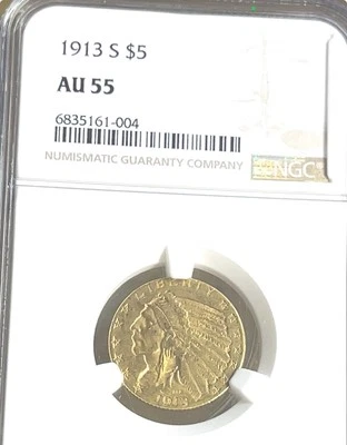 1913-S US Mint Indian Half Eagle Gold $5 NGC  Certified AU55 Nice Sharp Details - Image 1 of 4