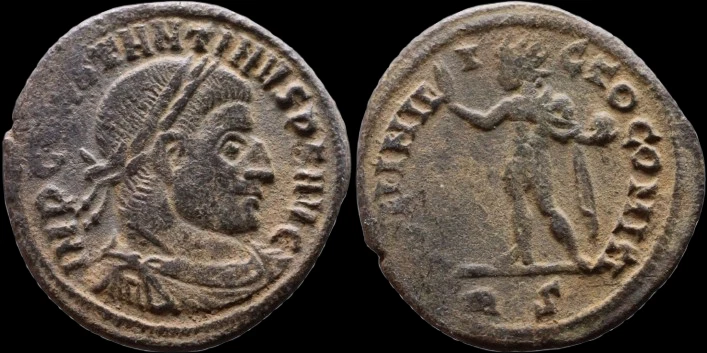 Constantine I, Ancient coin Follis, Soli Invicto Comiti, Rome Mint, RIC VII 28. - Image 1 of 1