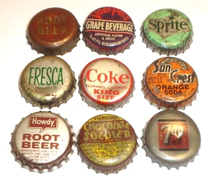 Vintage Lot 9 Cork Lined Soda Bottle Caps Chocolate Soldier, Howdy, Fresca, 7up - Picture 1 of 5