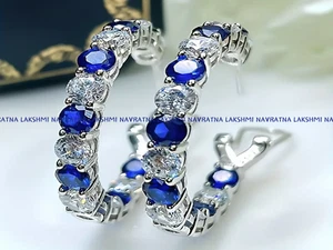 Round Blue Sapphire & Moissanite Full Omega Clip Hoops For Her 40MM s925 - Picture 1 of 5