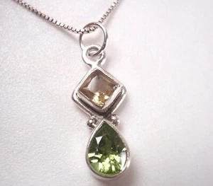 Small Faceted Peridot and Citrine Double Gem 925 Sterling Silver Pendant - Picture 1 of 4