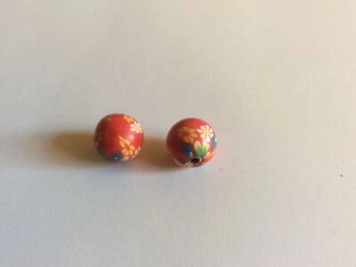 2 x 10mm red/multi round handmade polmer clay fimo bead hole 2mm. - Image 1 of 4
