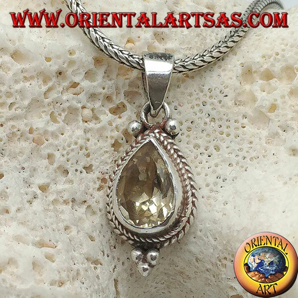 Ciondolo in Argento 925‰ Topazio giallo naturale a goccia con intrecci e palline - Immagine 1 di 1