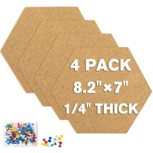 4 Pack Cork Board Hexagon Bulletin Boards Cork Tiles 8.2"x7" - 1/4" Self-Adhe... - Picture 1 of 7