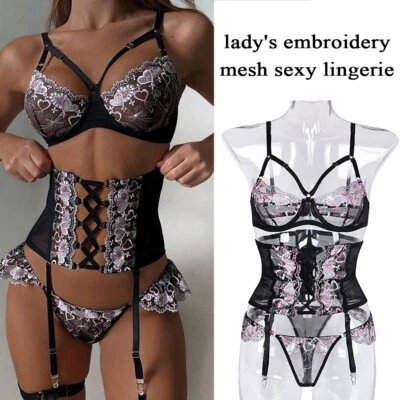 Set Intimo Reggiseno Perizoma Corsetto In Pizzo Lingerie Sexy Indumenti Da ☆ - Immagine 1 di 4