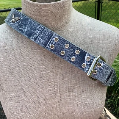 Vintage Y2K Denim Embossed Leather Belt Small 30-32 Metal Silver Eagles New 90s - Image 1 of 4