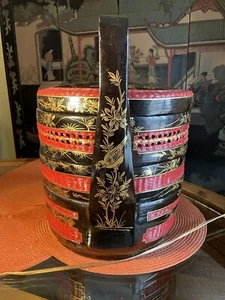 VINTAGE CHINESE 3-TIER WOOD BAMBOO WEDDING STACKING BASKET, GOLD TRIM - Picture 1 of 10