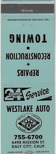 Westlake Auto Daly City Calif. Towing 24 Hour service Empty Matchcover - Picture 1 of 3