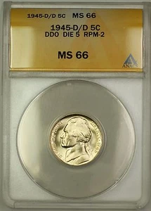 1945-D/D RPM-2 DDO DIE 5 Wartime Silver Jefferson Nickel 5c Coin ANACS MS-66 (H) - Picture 1 of 2