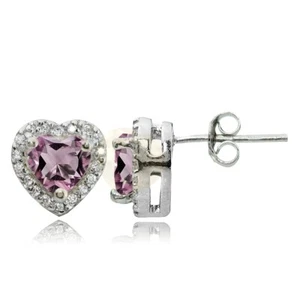Sterling Silver Light Purple Cubic Zirconia and White Topaz Heart Stud Earrings - Picture 1 of 3