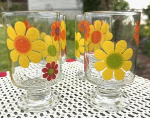 4 Vintage MCM Aufkleber Muster Flower Power Libbey Gläser mit Fuß 5" hoch x 11oz - Bild 1 von 5