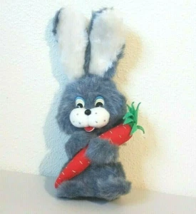 Vintage Gray & White Fluffy BUNNY RABBIT w/Carrot Stuffed Animal Plush 12" - Picture 1 of 3