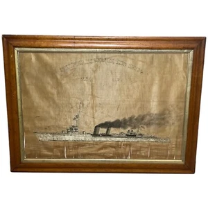Antique Marine Silk Embroidery WW1 Royal Navy Light Cruiser Ship HMS Concord - Picture 1 of 24