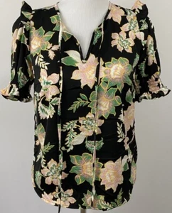 Who What Wear, Top nero batik floreale, manica corta con volant (piccolo) Q - Foto 1 di 5