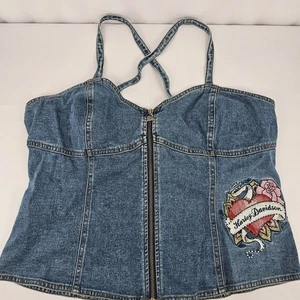 Vtg Harley Davidson 90s Embroidered Bling Denim Jean Corset Sz Large Y2K Biker - Picture 1 of 6