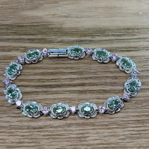 Designer HAN 925 Sterlingsilber oval grün CZ rund rosa CZ Tennisarmband 7" - Bild 1 von 8