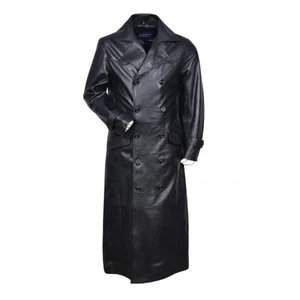 Men's German WWII Classic Officer Black Sheepskin Leather Trench Coat - Picture 1 of 8